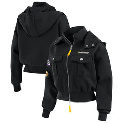 Minnesota Vikings WEAR by Erin Andrews Women's Tri-Blend Patch Pocket Cropped Full-Zip Bomber Hoodie Jacket Black | NFL