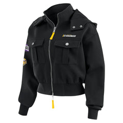 Minnesota Vikings WEAR by Erin Andrews Women's Tri-Blend Patch Pocket Cropped Full-Zip Bomber Hoodie Jacket Black | NFL