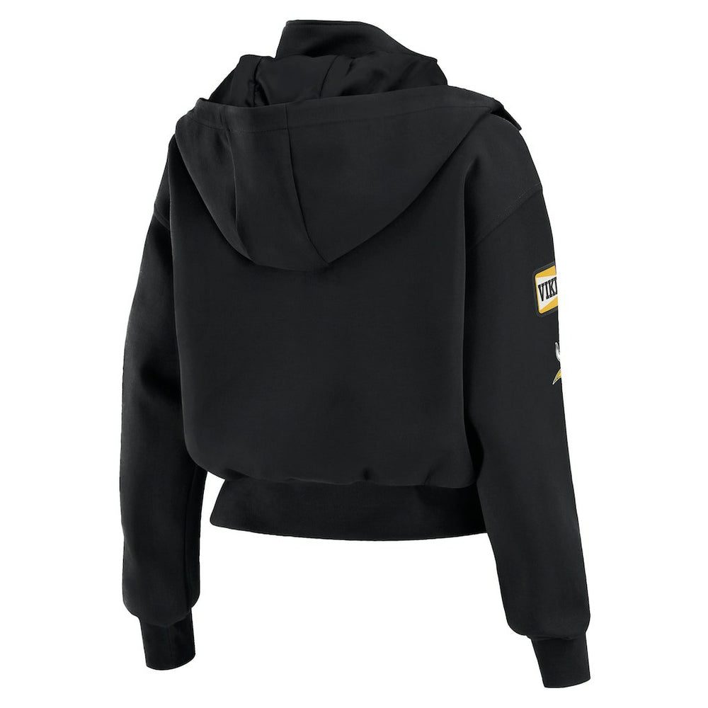 Minnesota Vikings WEAR by Erin Andrews Women's Tri-Blend Patch Pocket Cropped Full-Zip Bomber Hoodie Jacket Black | NFL