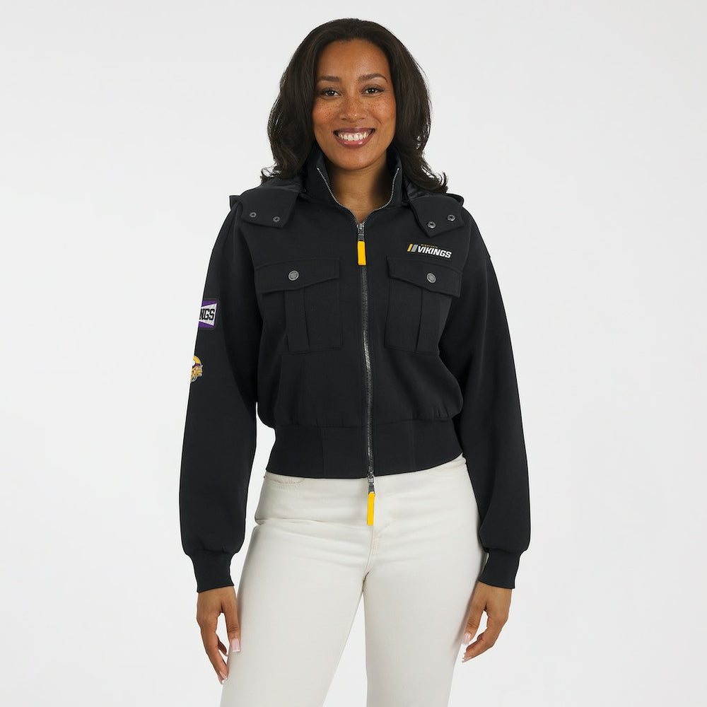Minnesota Vikings WEAR by Erin Andrews Women's Tri-Blend Patch Pocket Cropped Full-Zip Bomber Hoodie Jacket Black | NFL