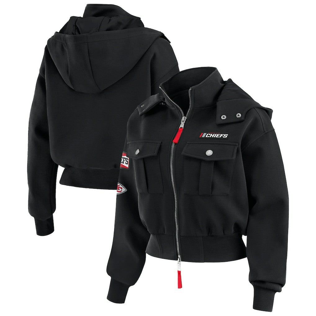 Kansas City Chiefs WEAR by Erin Andrews Women's Tri-Blend Patch Pocket Cropped Full-Zip Bomber Hoodie Jacket Black | NFL