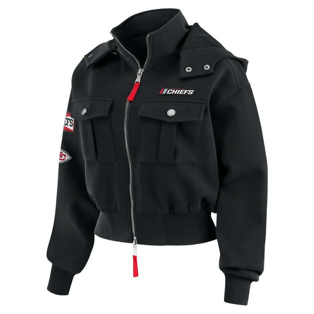 Kansas City Chiefs WEAR by Erin Andrews Women's Tri-Blend Patch Pocket Cropped Full-Zip Bomber Hoodie Jacket Black | NFL