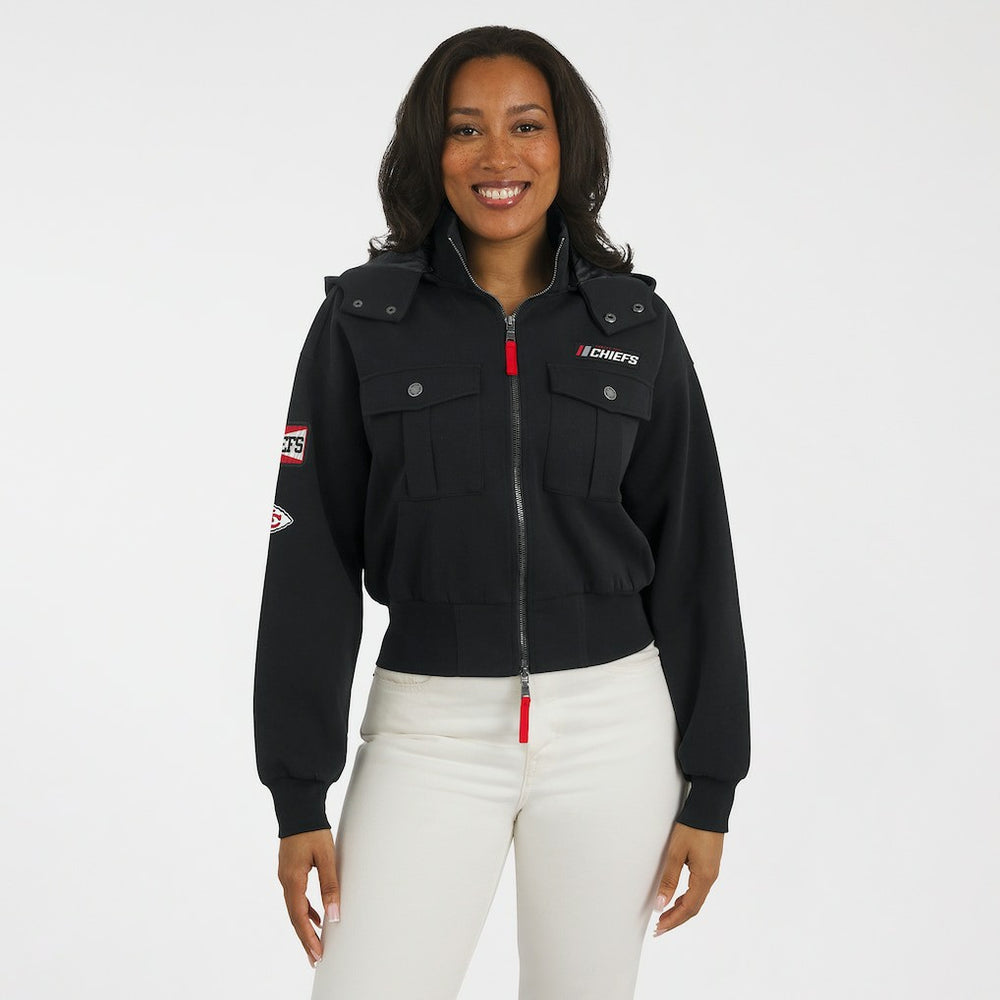 Kansas City Chiefs WEAR by Erin Andrews Women's Tri-Blend Patch Pocket Cropped Full-Zip Bomber Hoodie Jacket Black | NFL