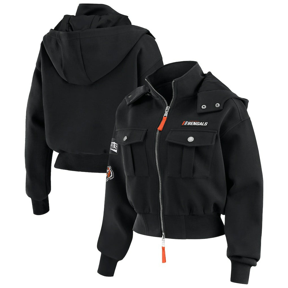 Cincinnati Bengals WEAR by Erin Andrews Women's Tri-Blend Patch Pocket Cropped Full-Zip Bomber Hoodie Jacket Black | NFL