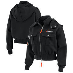 Cincinnati Bengals WEAR by Erin Andrews Women's Tri-Blend Patch Pocket Cropped Full-Zip Bomber Hoodie Jacket Black | NFL