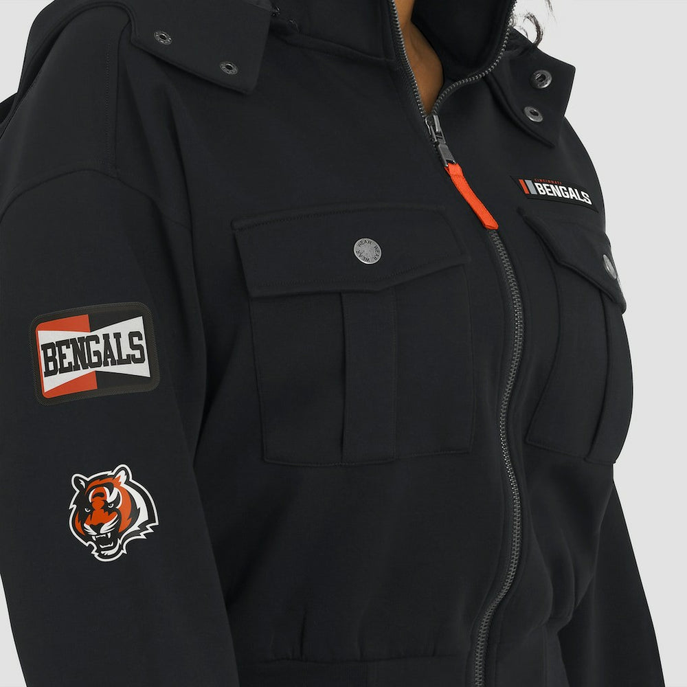 Cincinnati Bengals WEAR by Erin Andrews Women's Tri-Blend Patch Pocket Cropped Full-Zip Bomber Hoodie Jacket Black | NFL