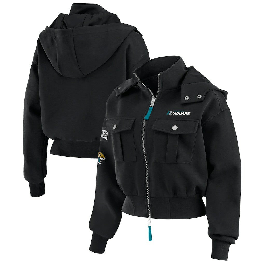 Jacksonville Jaguars WEAR by Erin Andrews Women's Tri-Blend Patch Pocket Cropped Full-Zip Bomber Hoodie Jacket Black | NFL