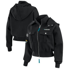Jacksonville Jaguars WEAR by Erin Andrews Women's Tri-Blend Patch Pocket Cropped Full-Zip Bomber Hoodie Jacket Black | NFL