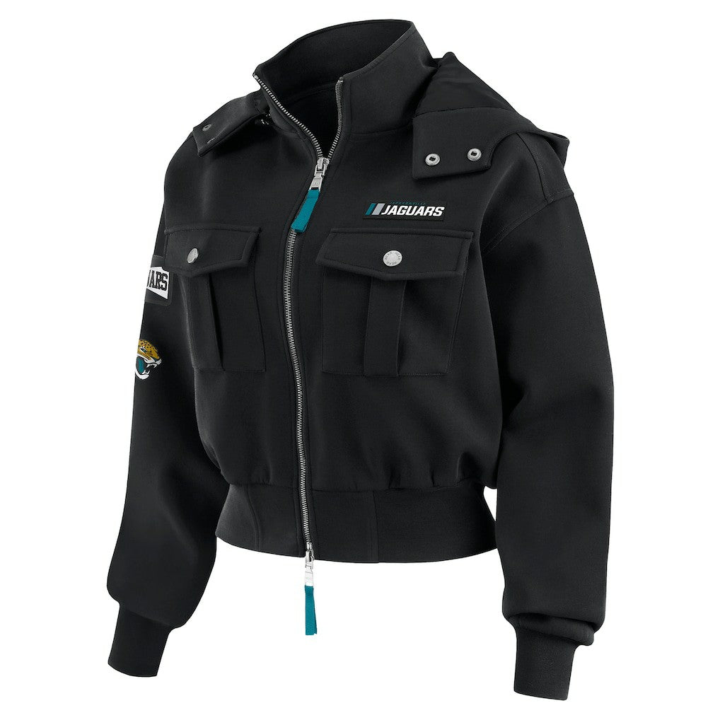 Jacksonville Jaguars WEAR by Erin Andrews Women's Tri-Blend Patch Pocket Cropped Full-Zip Bomber Hoodie Jacket Black | NFL