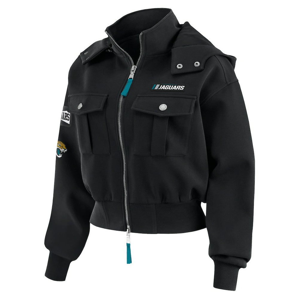 Jacksonville Jaguars WEAR by Erin Andrews Women's Tri-Blend Patch Pocket Cropped Full-Zip Bomber Hoodie Jacket Black | NFL