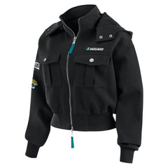 Jacksonville Jaguars WEAR by Erin Andrews Women's Tri-Blend Patch Pocket Cropped Full-Zip Bomber Hoodie Jacket Black | NFL