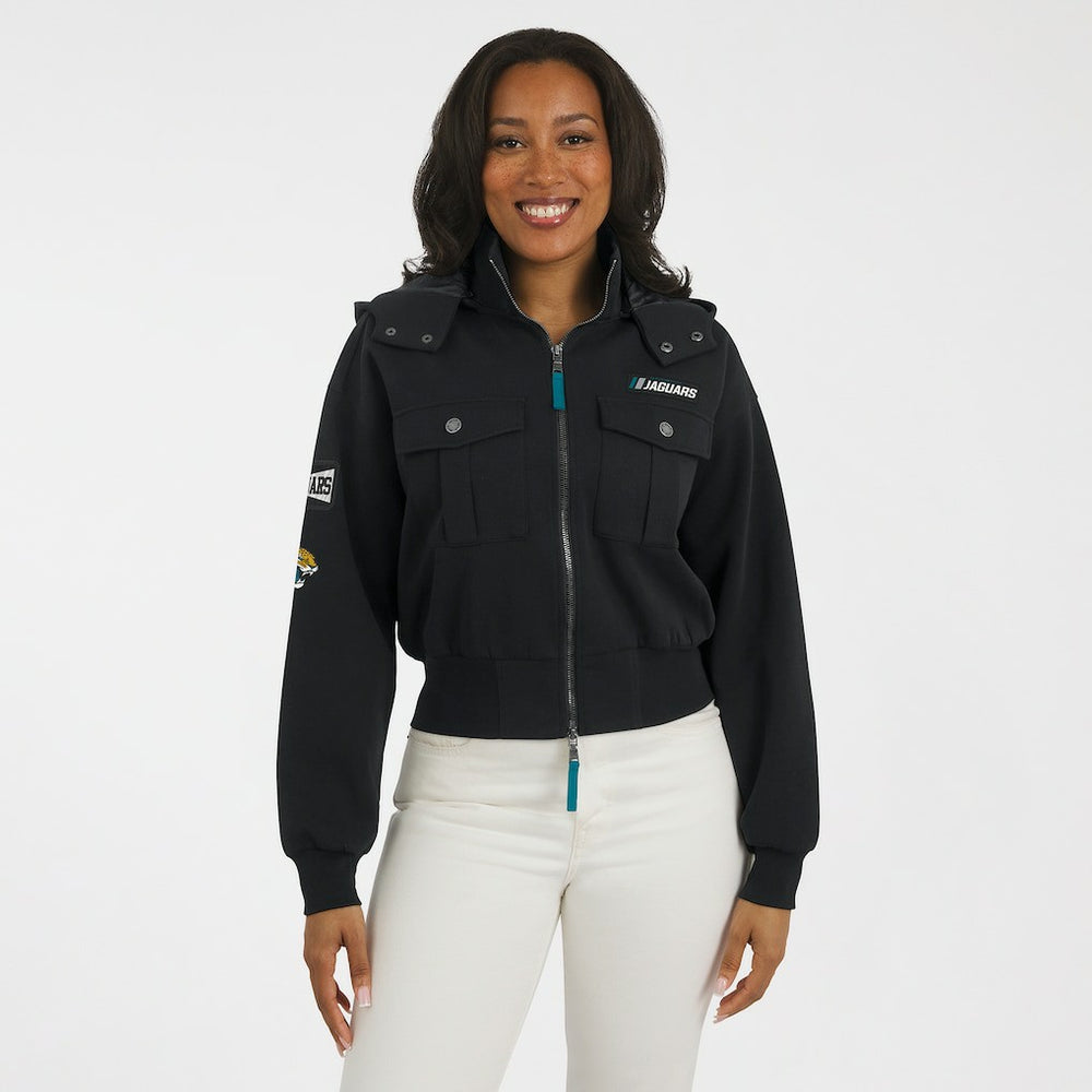 Jacksonville Jaguars WEAR by Erin Andrews Women's Tri-Blend Patch Pocket Cropped Full-Zip Bomber Hoodie Jacket Black | NFL
