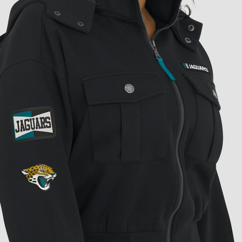 Jacksonville Jaguars WEAR by Erin Andrews Women's Tri-Blend Patch Pocket Cropped Full-Zip Bomber Hoodie Jacket Black | NFL