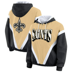 New Orleans Saints WEAR by Erin Andrews Women's Retro Crinkle Full-Zip Hoodie Windbreaker Gold/Black | NFL