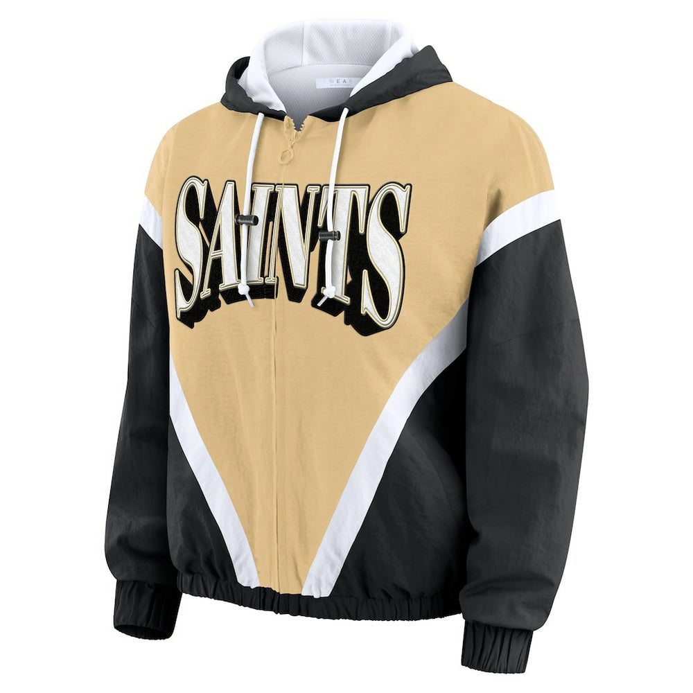 New Orleans Saints WEAR by Erin Andrews Women's Retro Crinkle Full-Zip Hoodie Windbreaker Gold/Black | NFL