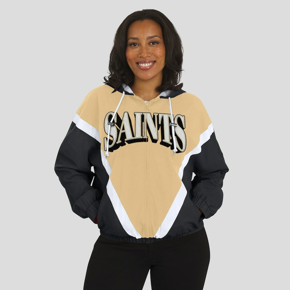 New Orleans Saints WEAR by Erin Andrews Women's Retro Crinkle Full-Zip Hoodie Windbreaker Gold/Black | NFL