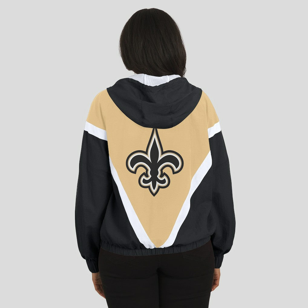 New Orleans Saints WEAR by Erin Andrews Women's Retro Crinkle Full-Zip Hoodie Windbreaker Gold/Black | NFL