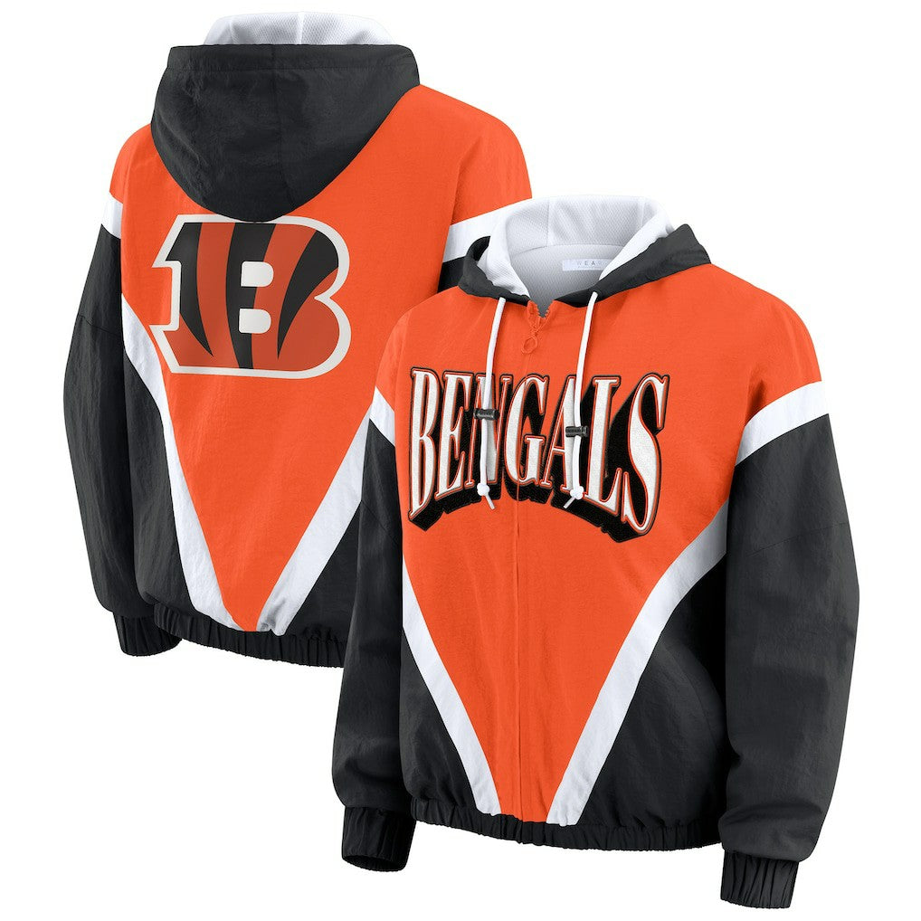 Cincinnati Bengals WEAR by Erin Andrews Women's Retro Crinkle Full-Zip Hoodie Windbreaker Orange/Black | NFL