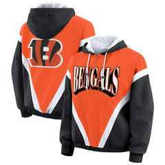 Cincinnati Bengals WEAR by Erin Andrews Women's Retro Crinkle Full-Zip Hoodie Windbreaker Orange/Black | NFL