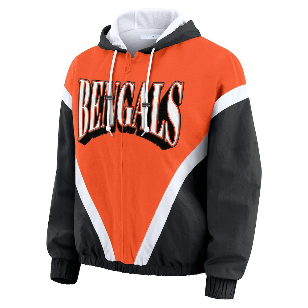 Cincinnati Bengals WEAR by Erin Andrews Women's Retro Crinkle Full-Zip Hoodie Windbreaker Orange/Black | NFL