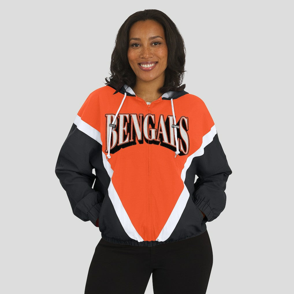 Cincinnati Bengals WEAR by Erin Andrews Women's Retro Crinkle Full-Zip Hoodie Windbreaker Orange/Black | NFL