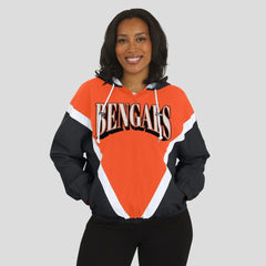 Cincinnati Bengals WEAR by Erin Andrews Women's Retro Crinkle Full-Zip Hoodie Windbreaker Orange/Black | NFL