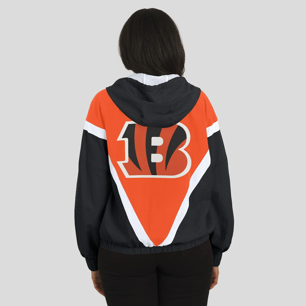 Cincinnati Bengals WEAR by Erin Andrews Women's Retro Crinkle Full-Zip Hoodie Windbreaker Orange/Black | NFL