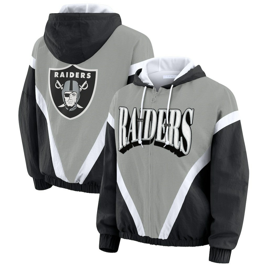 Las Vegas Raiders WEAR by Erin Andrews Women's Retro Crinkle Full-Zip Hoodie Windbreaker Black/Silver | NFL