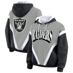 Las Vegas Raiders WEAR by Erin Andrews Women's Retro Crinkle Full-Zip Hoodie Windbreaker Black/Silver | NFL