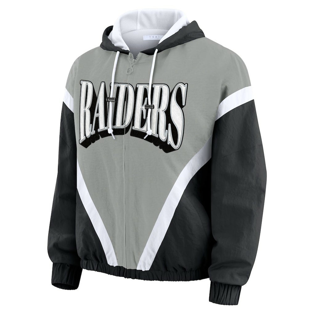 Las Vegas Raiders WEAR by Erin Andrews Women's Retro Crinkle Full-Zip Hoodie Windbreaker Black/Silver | NFL