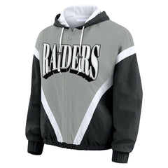 Las Vegas Raiders WEAR by Erin Andrews Women's Retro Crinkle Full-Zip Hoodie Windbreaker Black/Silver | NFL