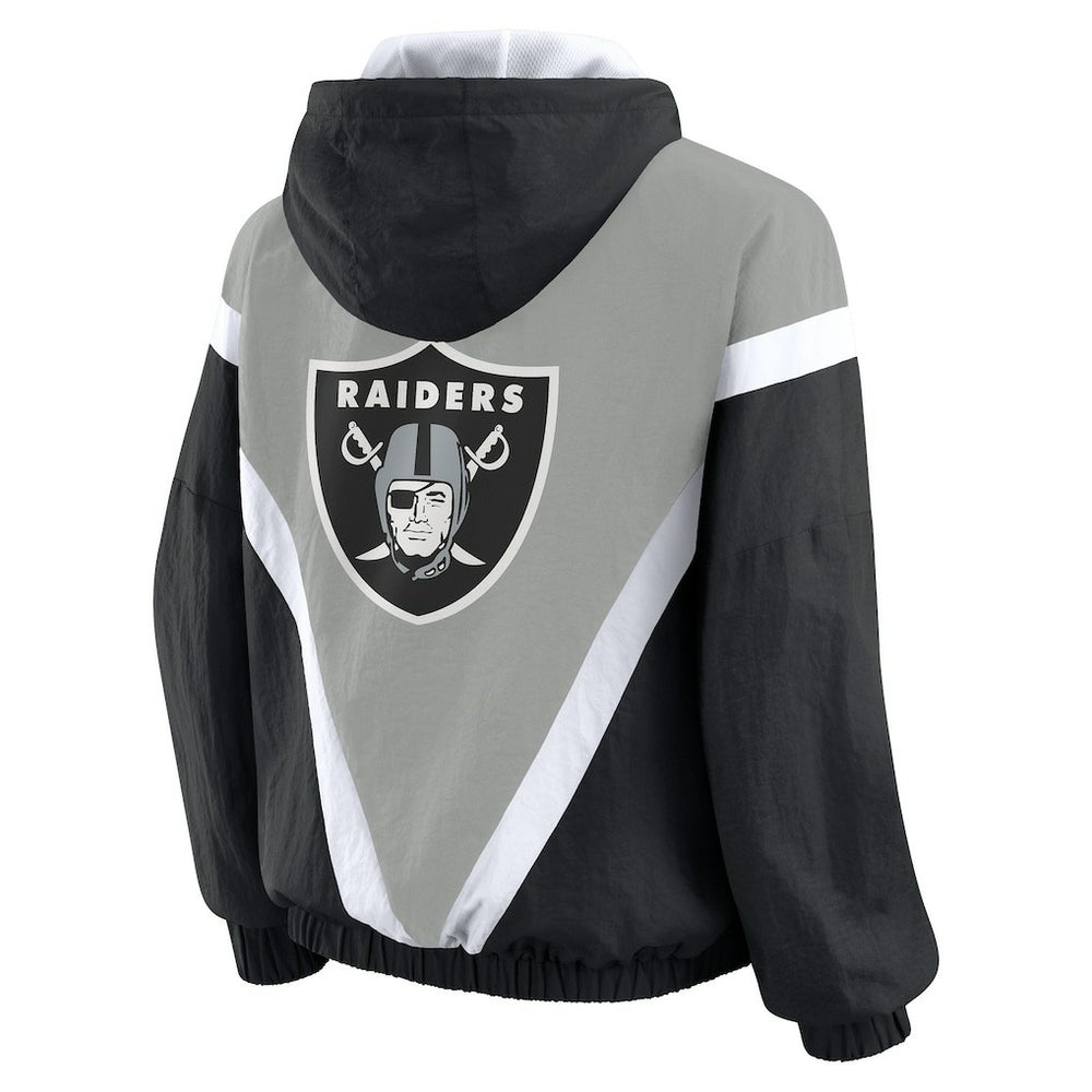 Las Vegas Raiders WEAR by Erin Andrews Women's Retro Crinkle Full-Zip Hoodie Windbreaker Black/Silver | NFL