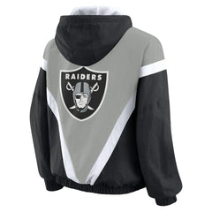 Las Vegas Raiders WEAR by Erin Andrews Women's Retro Crinkle Full-Zip Hoodie Windbreaker Black/Silver | NFL