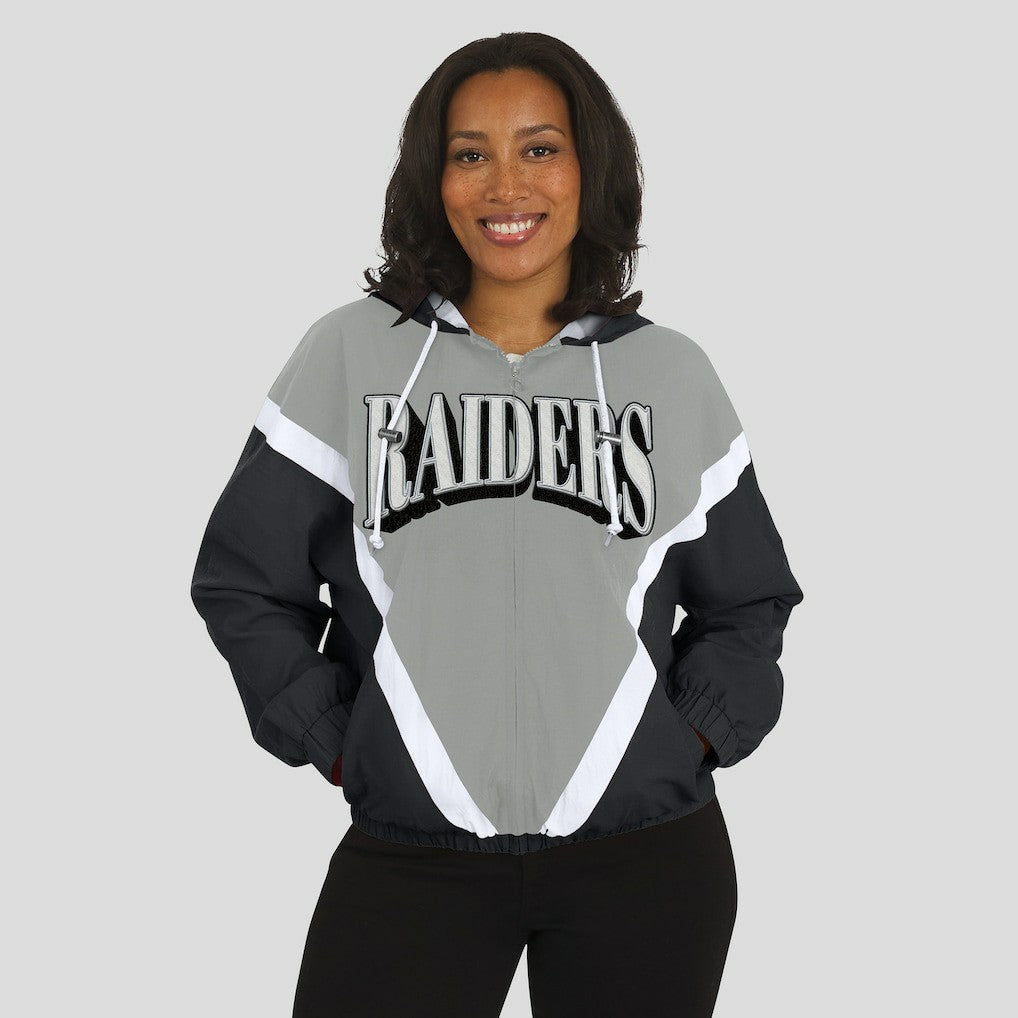 Las Vegas Raiders WEAR by Erin Andrews Women's Retro Crinkle Full-Zip Hoodie Windbreaker Black/Silver | NFL