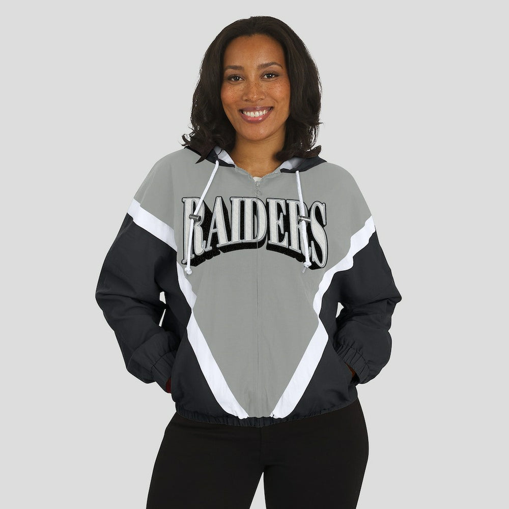 Las Vegas Raiders WEAR by Erin Andrews Women's Retro Crinkle Full-Zip Hoodie Windbreaker Black/Silver | NFL