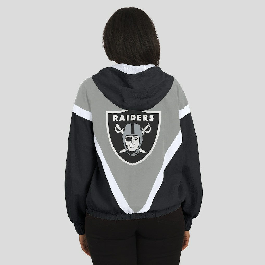 Las Vegas Raiders WEAR by Erin Andrews Women's Retro Crinkle Full-Zip Hoodie Windbreaker Black/Silver | NFL