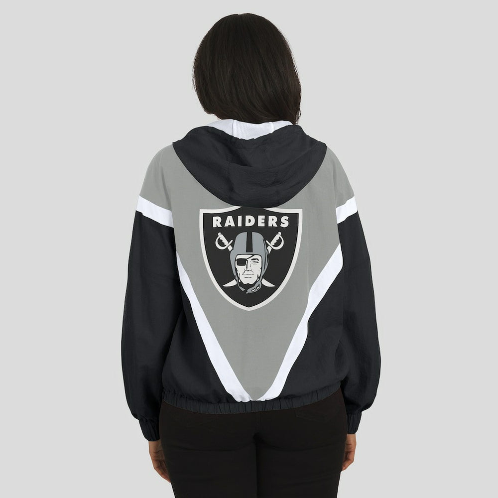 Las Vegas Raiders WEAR by Erin Andrews Women's Retro Crinkle Full-Zip Hoodie Windbreaker Black/Silver | NFL