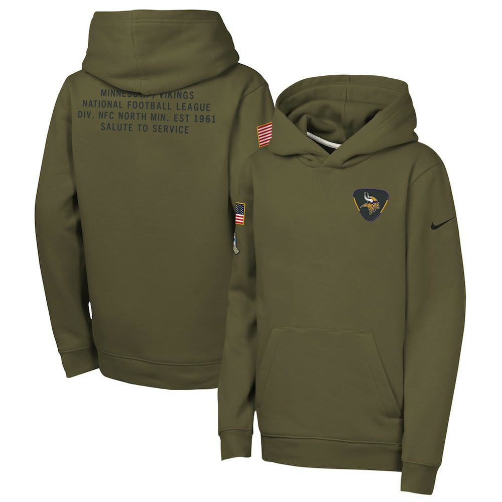 Minnesota Vikings Youth 2025 Salute to Service Club Fleece Hoodie Olive | Nike for Sale