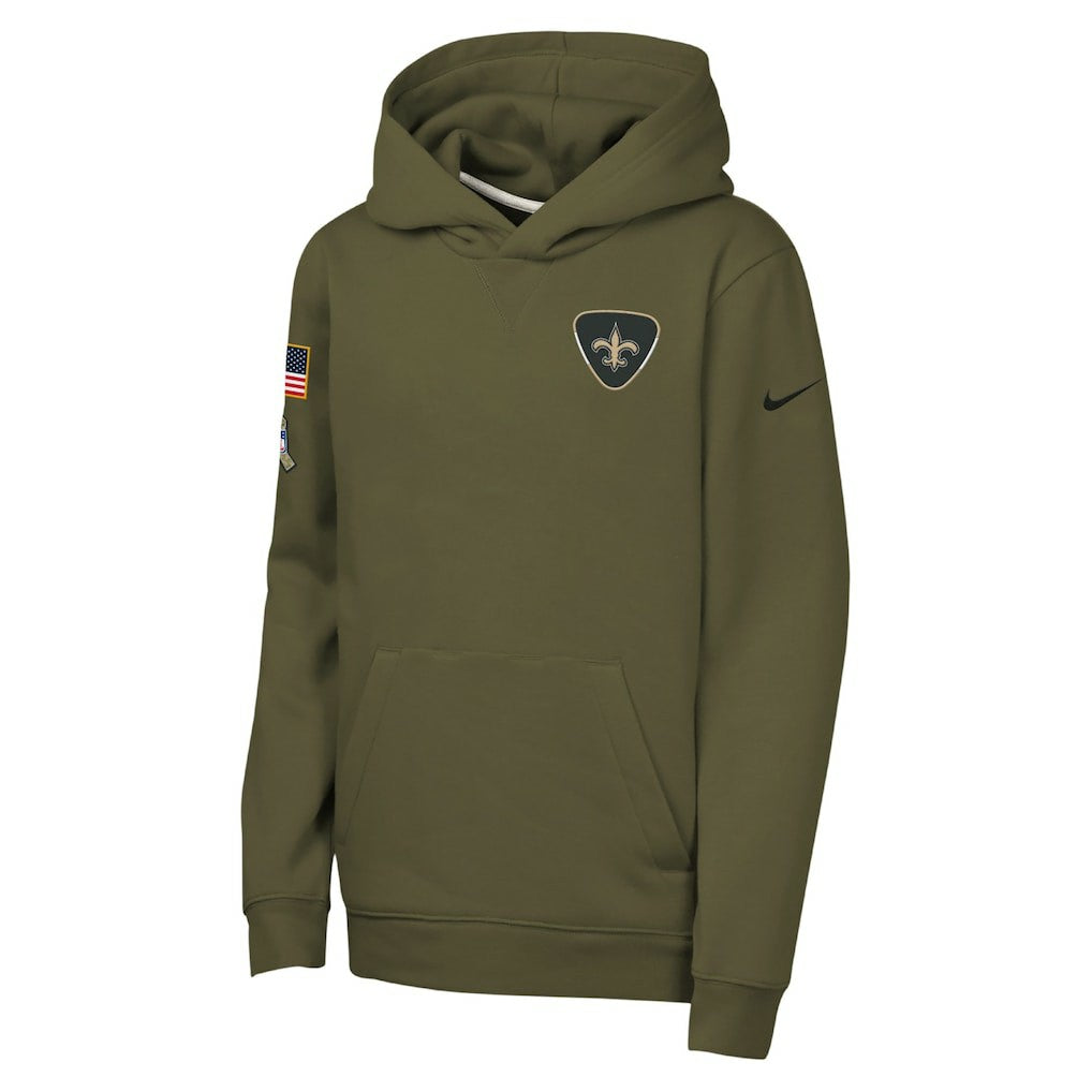 New Orleans Saints Youth 2025 Salute to Service Club Fleece Hoodie Olive | Nike for Sale