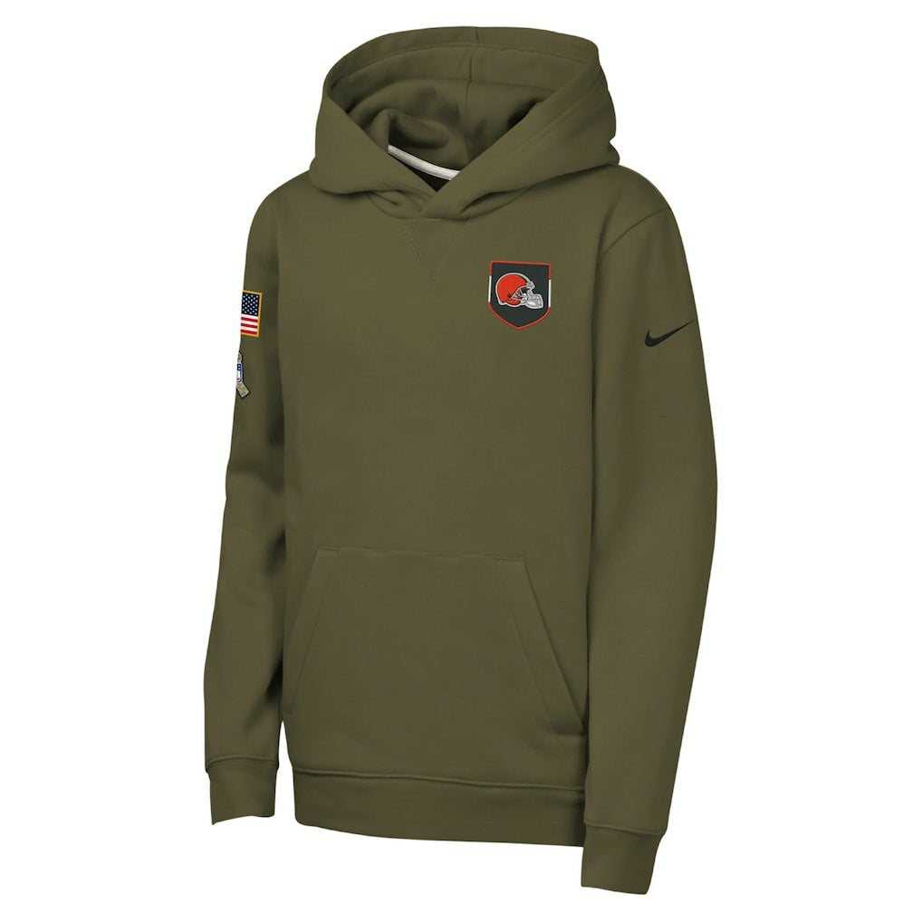 Cleveland Browns Youth 2025 Salute to Service Club Fleece Hoodie Olive | Nike for Sale