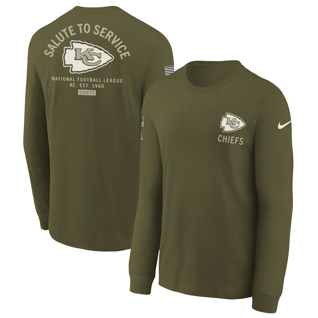 Kansas City Chiefs Youth 2025 Salute to Service Sideline Long Sleeve T-Shirt Olive | Nike for Sale
