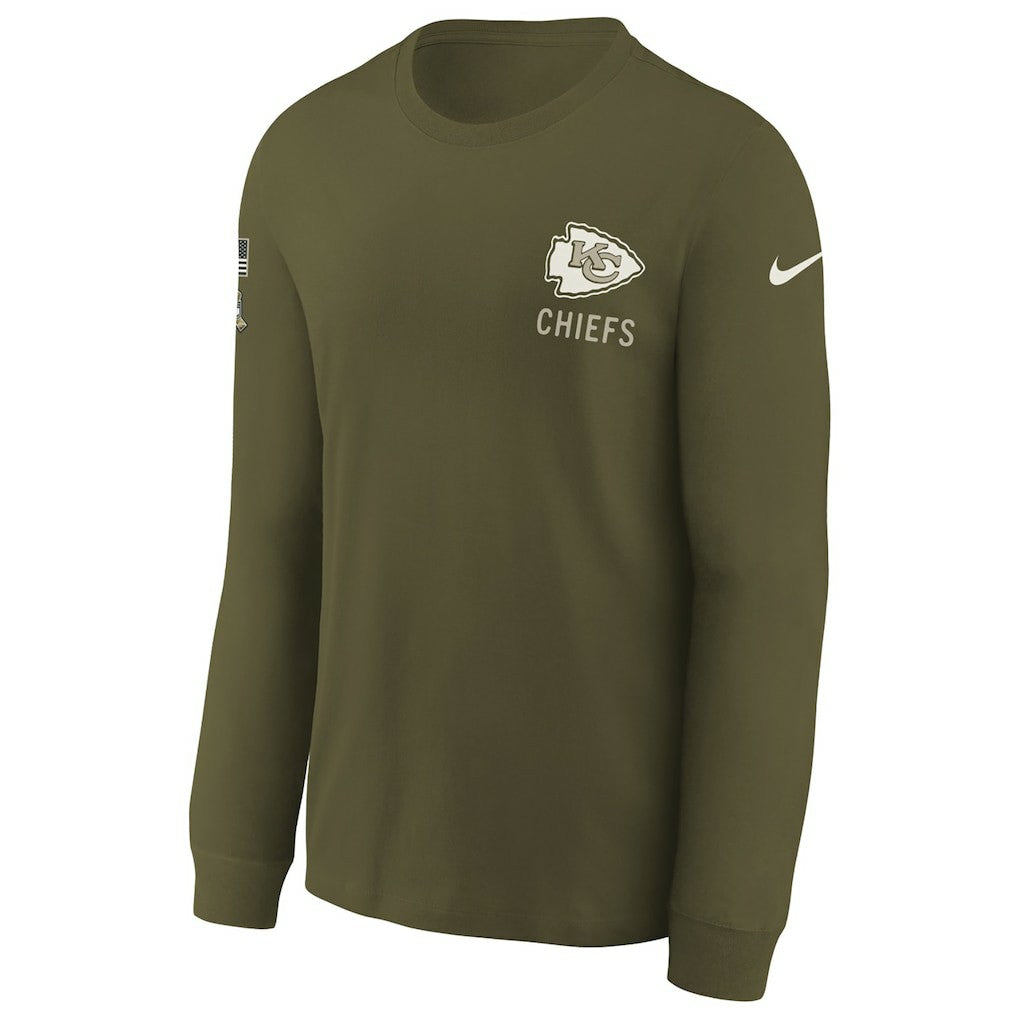 Kansas City Chiefs Youth 2025 Salute to Service Sideline Long Sleeve T-Shirt Olive | Nike for Sale