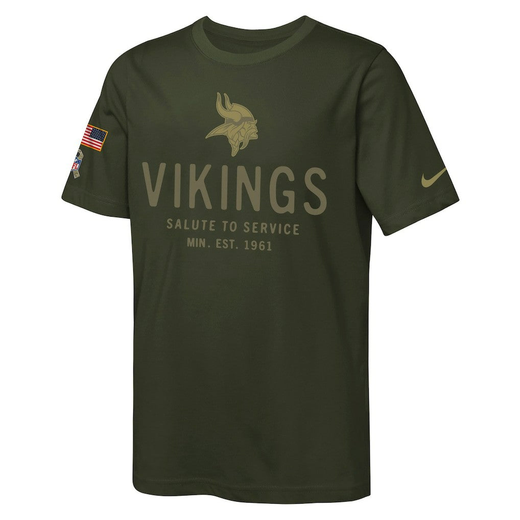 Minnesota Vikings Youth 2025 Salute to Service Sideline Dri-FIT T-Shirt Olive | Nike for Sale