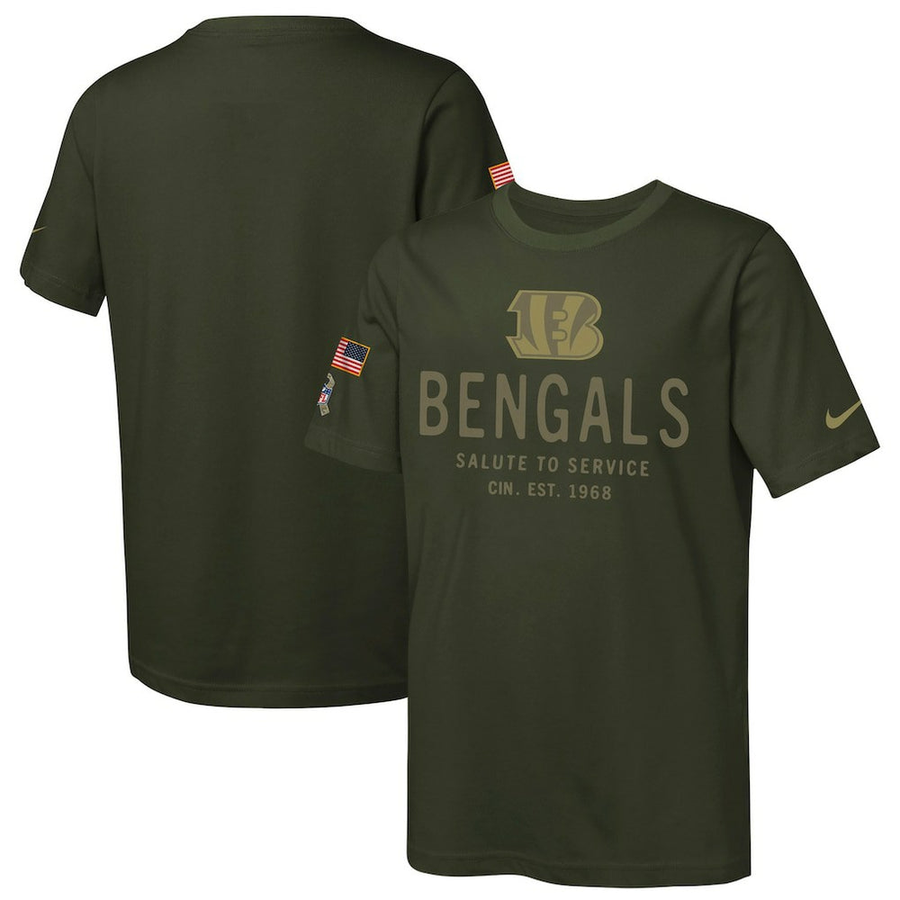 Cincinnati Bengals Youth 2025 Salute to Service Sideline Dri-FIT T-Shirt Olive | Nike for Sale