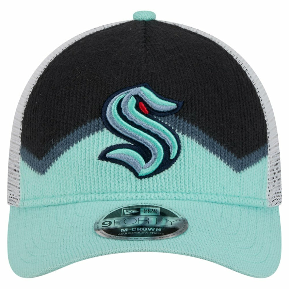 Seattle Kraken New Era Hockey Sock 9FORTY A-Frame M-Crown Adjustable Trucker Hat - Light Blue/Deep Sea Blue - NHL