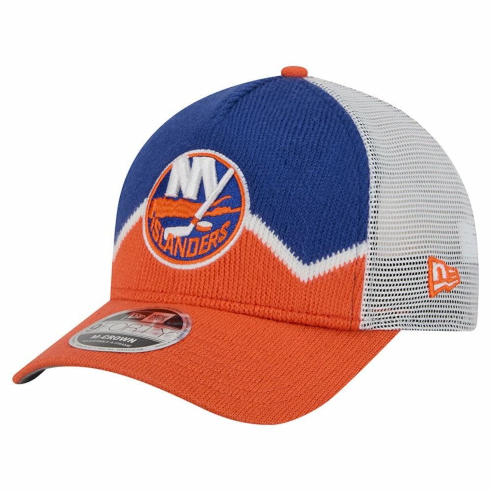 New York Islanders New Era Hockey Sock 9FORTY A-Frame M-Crown Adjustable Trucker Hat - Orange/Royal - NHL