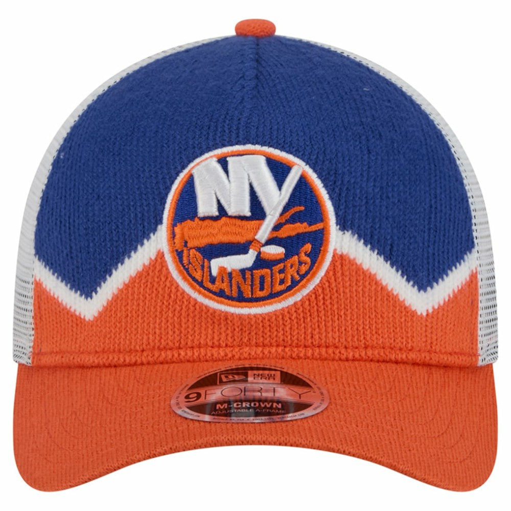 New York Islanders New Era Hockey Sock 9FORTY A-Frame M-Crown Adjustable Trucker Hat - Orange/Royal - NHL