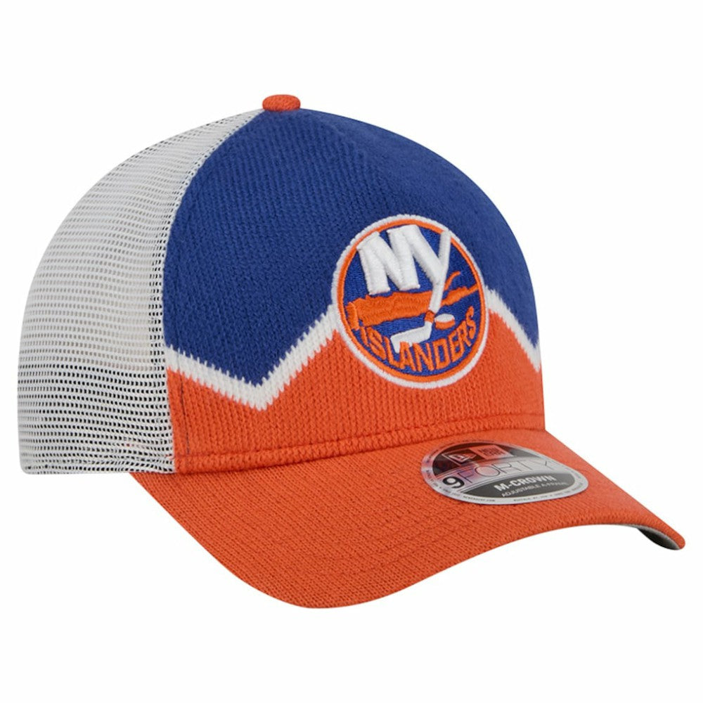 New York Islanders New Era Hockey Sock 9FORTY A-Frame M-Crown Adjustable Trucker Hat - Orange/Royal - NHL