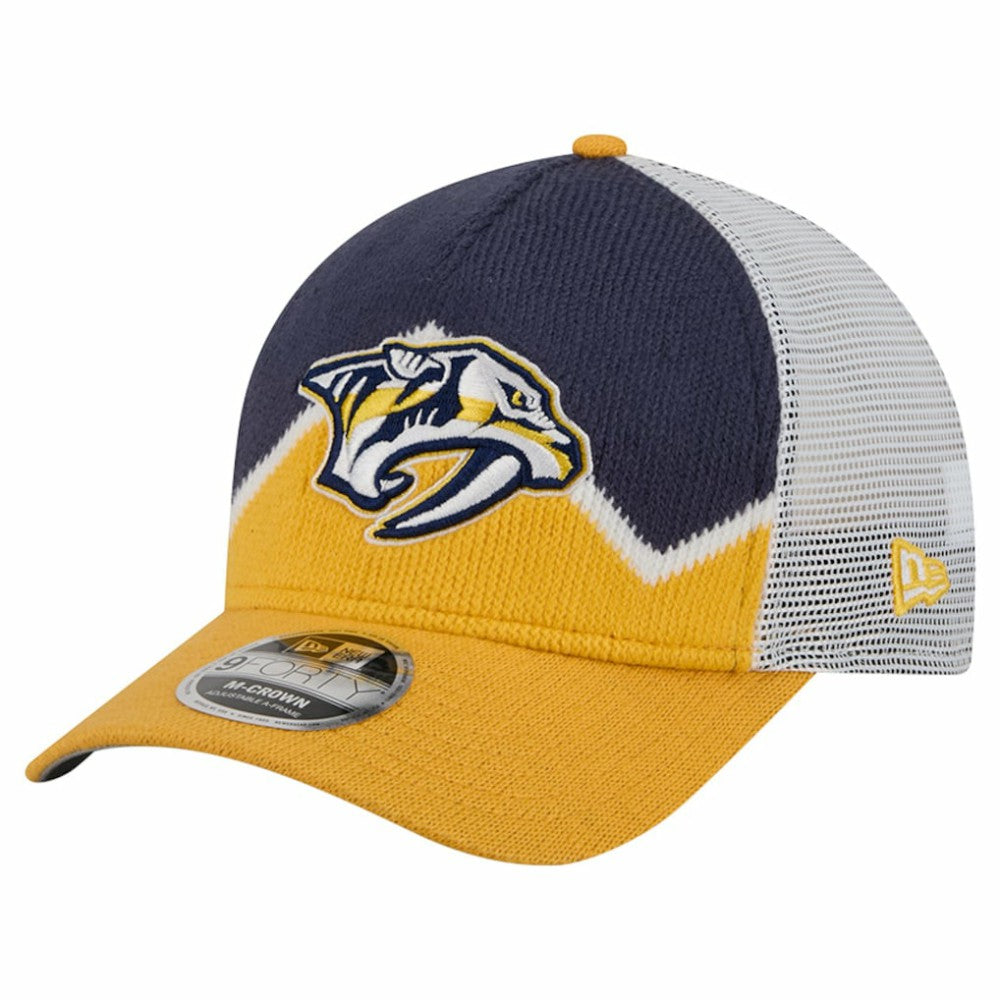 Nashville Predators New Era Hockey Sock 9FORTY A-Frame M-Crown Adjustable Trucker Hat - Gold/Navy - NHL
