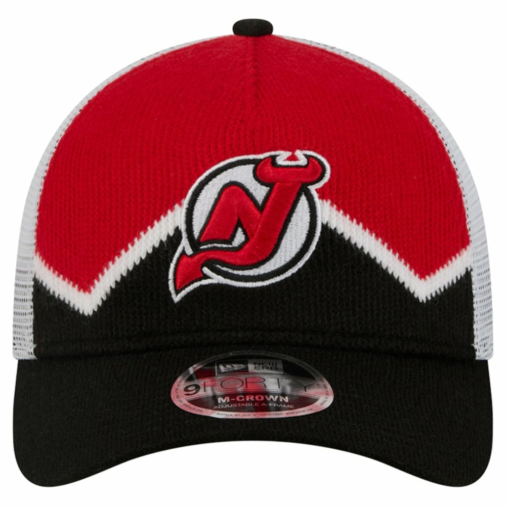New Jersey Devils New Era Hockey Sock 9FORTY A-Frame M-Crown Adjustable Trucker Hat - Black/Red - NHL
